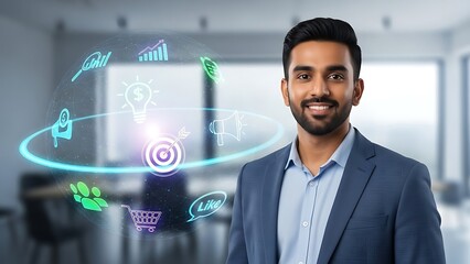 Obraz premium A smiling businessman standing in front of Holographic Icons and a blurred office background