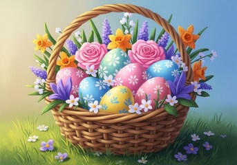 Easter basket with colorful eggs and flowers
