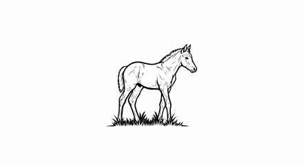 Fototapeta premium A black and white sketch of a young horse standing in grass