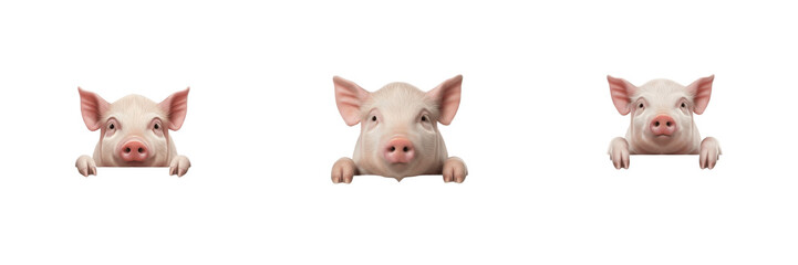 Set Cute Peeking Piglets - Adorable Pig Face Illustrations with Paws and Pink Snouts Transparent Background PNG © Janwar