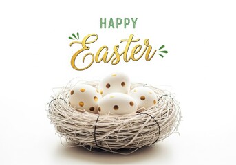 Easter eggs in a bird's nest with happy easter greeting