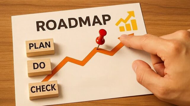 Roadmap plan do check concept with wooden blocks and hand pointing at red pushpin on upward arrow graph showing progress strategy growth and business success development