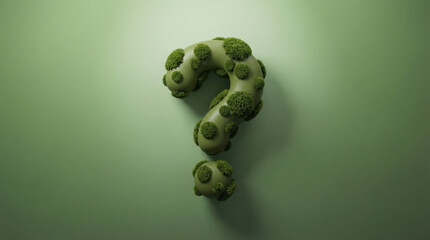 An eco question mark covered in soft green moss to ask and inspire environmental curiosity.