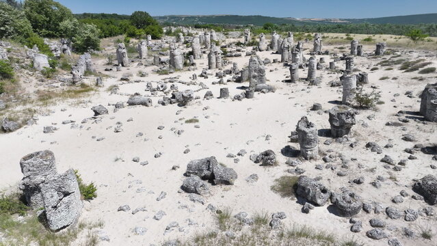Aerial view of Pobiti Kamani (Stone Forest), 50 mln year old rock formation, Bulgaria