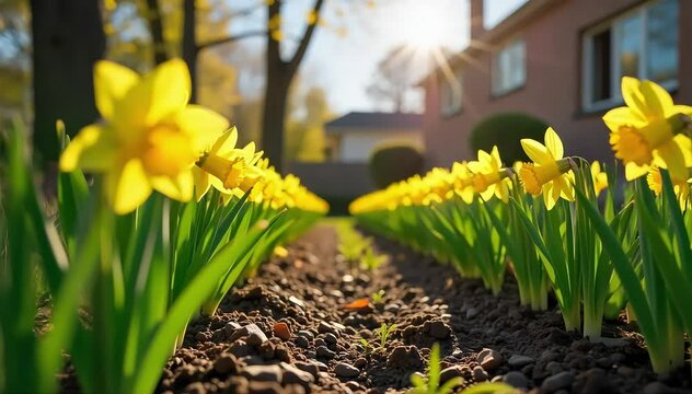 A backyard garden showing rows of daffodil plants under clear blue skies and warm sunlight 