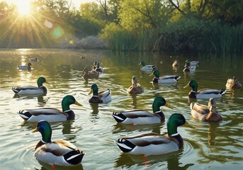 Mallard ducks swimming in a serene lake at sunrise