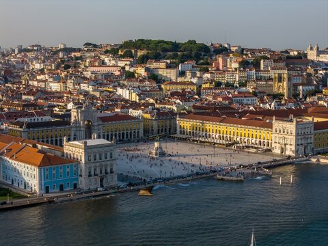 Aerial drone view of Praca do Comercio, Lisbon, Portugal