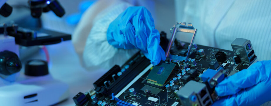 Close-up concept of semiconductor or microchip, technology development, electronics industry, computer technology electronics engineer, CPU	