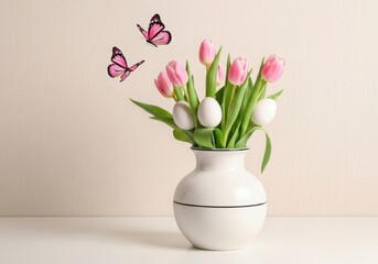 Pink and white tulips in a white vase with butterflies