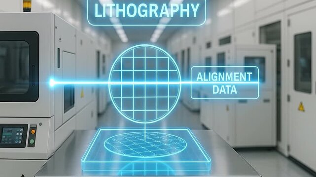 Lithography process alignment data hologram in cleanroom semiconductor manufacturing showcasing advanced technology precision equipment for microchip production and manufacturing