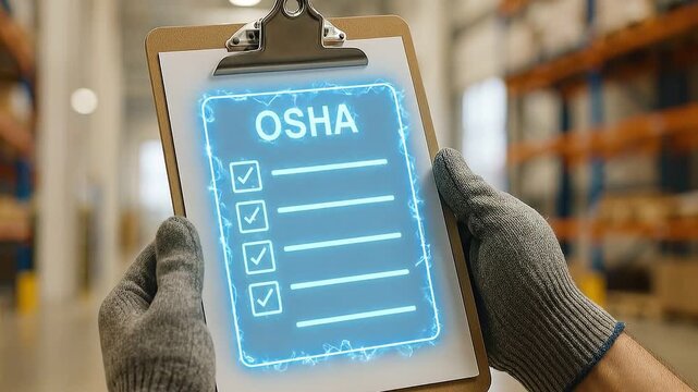 OSHA checklist safety inspection industrial workplace compliance gloves clipboard warehouse safety standards regulations audit hazard prevention protective equipment worker protection control risk