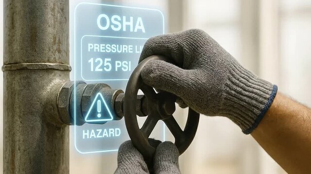 Valve handle with safety gloves hand controlling industrial pipe pressure hazard and OSHA safety sign glowing background, hand turning valve metal pipe with pressure limit 125 PSI, careful industrial