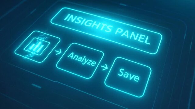 Futuristic digital interface with glowing blue insights panel featuring analyze and save options, finger interacting with touchscreen technology for data visualization and user interaction