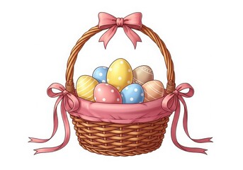 Easter basket with colorful eggs and pink ribbon