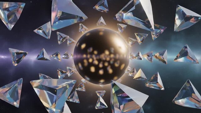 A large black sphere surrounded by sparkling diamonds with a radiant glow against a dark background with blue and purple hues.