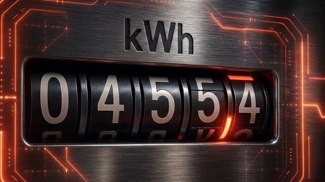 KWh meter energy consumption electricity usage digital counter power measurement electric meter numeric display futuristic design glowing lines illuminated black metal surface dial reading 04507