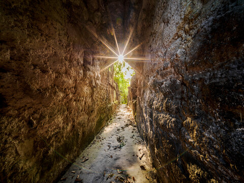 Corbelled arch passageway at sunset, Cahal Pech Archaeological Reserve, San Ignacio, Cayo District, Belize