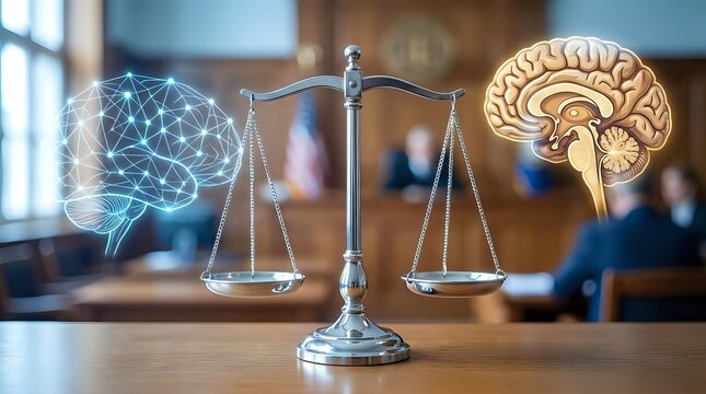 Digital brain and anatomical brain on justice scales representing artificial intelligence versus human intelligence in legal decision making.