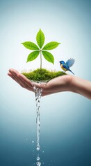 Sprouting green plant on hand with water droplets and butterfly