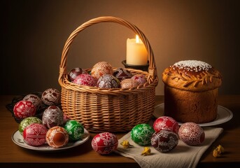Easter still life with colorful eggs and bread