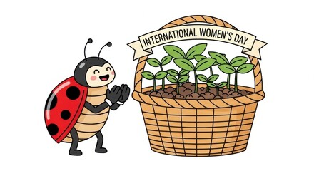 Cheerful Ladybug Celebrating International Womens Day with Sprouting Basket