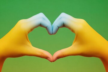 Obraz premium Hands in yellow and blue form a heart shape against a green background