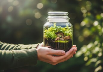 A person holding a mini indoor garden in a jar