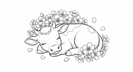 Adorable Sleepy Calf Snuggled Among Spring Flowers