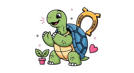 Cute Green Turtle Grows Plant with Heart and Pot
