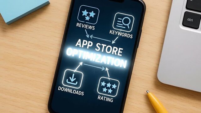 App store optimization concept on smartphone screen featuring keywords, reviews, downloads, and rating icons placed on wooden desk near laptop and pen showcasing technology advancements
