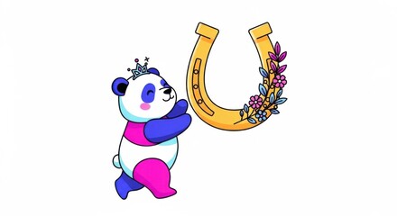Colorful Panda Wearing Crown Touching Golden Horseshoe