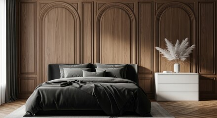 Modern bedroom interior with dark bed, wood paneling, and pampas grass