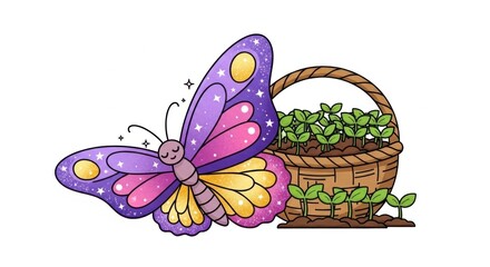 Colorful Butterfly Next to Woven Basket with Young Seedlings