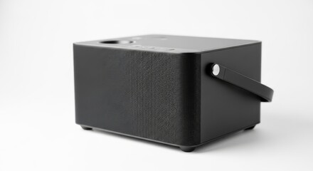 Obraz premium Modern black portable audio speaker on white studio background