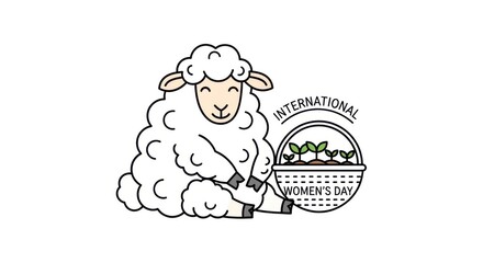Cute Sheep Holding Plants in Basket for International Womens Day