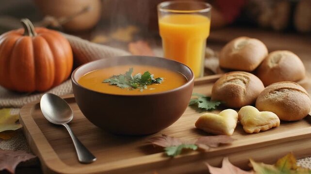 A wooden tray holds a bowl of steaming pumpkin soup garnished with fresh herbs. Ai
