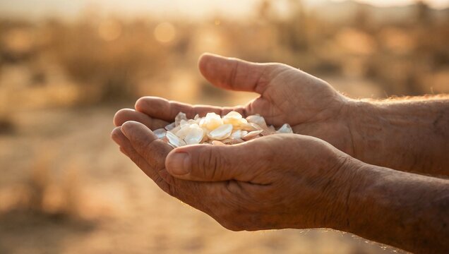 Hands holding manna in a desert landscape, symbolizing divine provision and sustenance.