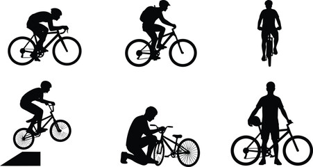 Naklejka premium Collection of cyclist silhouettes in various poses representing different cycling disciplines like road racing and BMX ideal for sports and fitness graphics