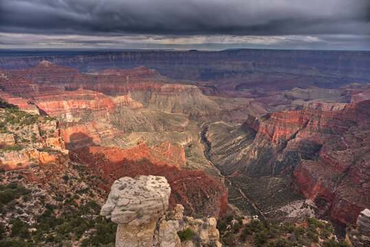 Storm rolling over Grand Canyon viewed from the Walhalla Overlook on North Rim Arizona