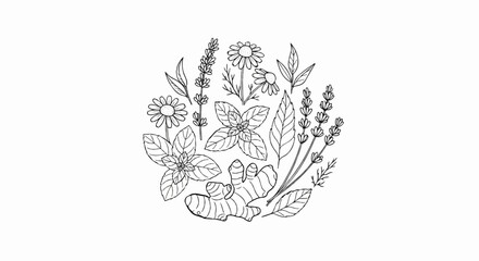 Fototapeta premium A collection of botanical line drawings featuring herbs and flowers in a circular arrangement