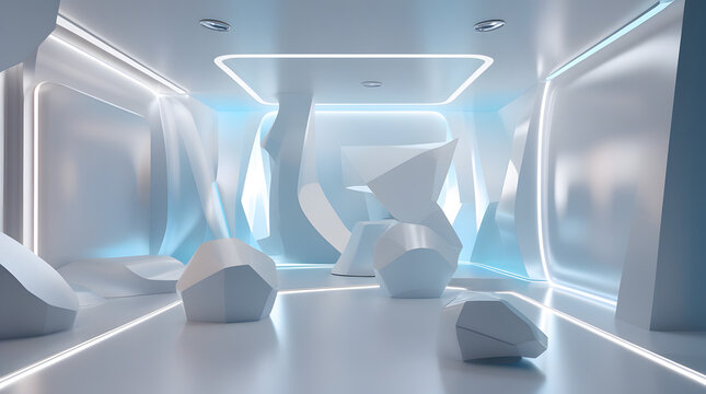 Abstract white futuristic technology background with geometric shapes and soft blue light, 3D render