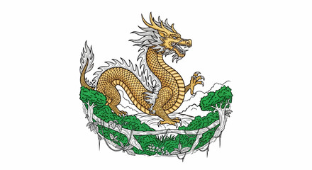 Obraz premium A golden dragon poses majestically atop a lush green mound