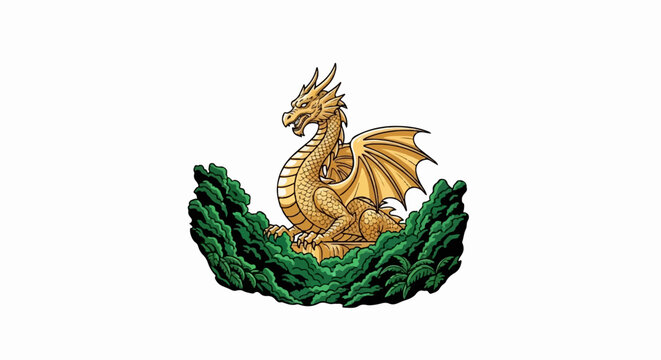 A golden dragon with wings sits proudly amidst lush green foliage