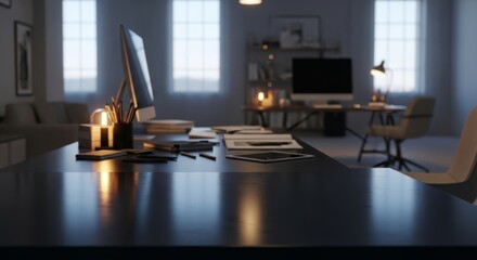 Modern home office interior with desk, computer, and warm light