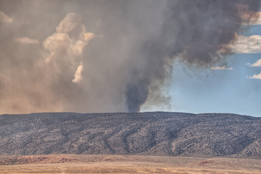 Smoke from the Dragon Bravo Wildfire burning on Grand Canyon North Rim billowing off the Kaibab Plateau, United States