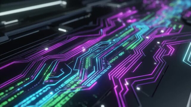 4K video of colorful circuit board with neon lights