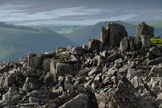 View from Bera Mawr looking over the North Wales coast and Coedydd National Nature Reserve, Carneddau Mountains, Snowdonia National Park, Eryri, North Wales, UK