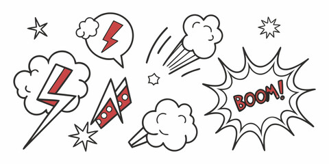 A comic book style illustration of various sound effect words and symbols. Vector © Akshay