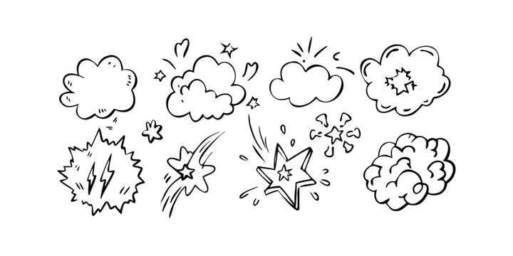 A variety of cartoon clouds with different expressions and shapes floating in the sky Vector