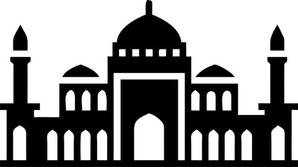 Majestic black and white illustration of a grand mosque with domes and minarets. Vector © Akshay